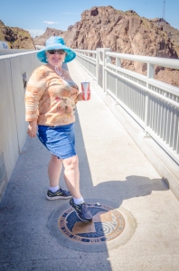 Charlene touches both Nevada and Arizona on the bridge over the mighty Colorado River.